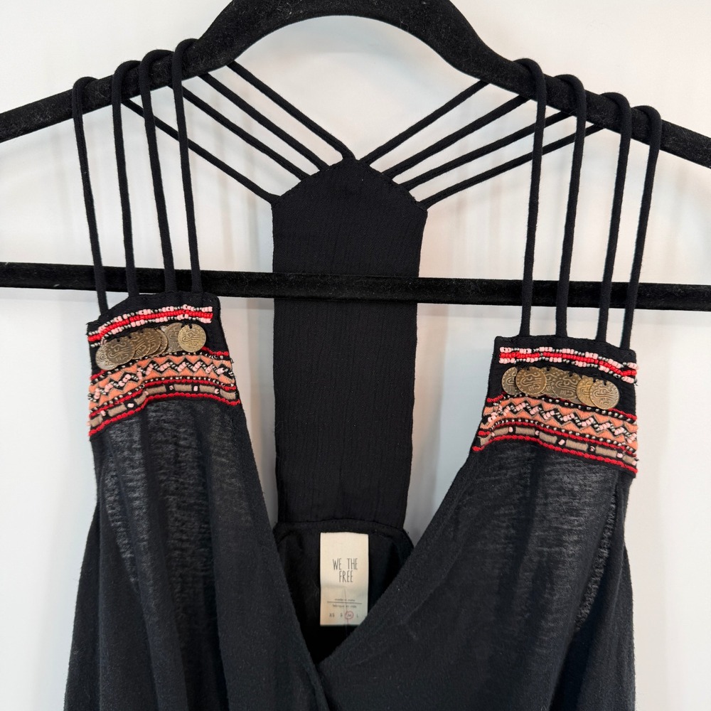 Free People We The Free Black Coin Beaded Cage Back Tank Top Medium Gypsy Boho - Picture 2 of 11